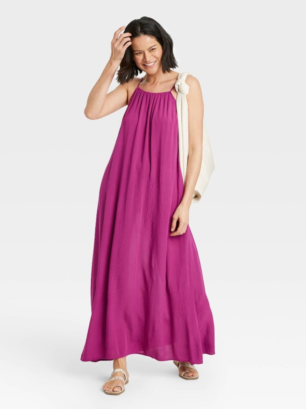 Fuchsia Maxi Dress Crinkle Texture High Neck A-Line